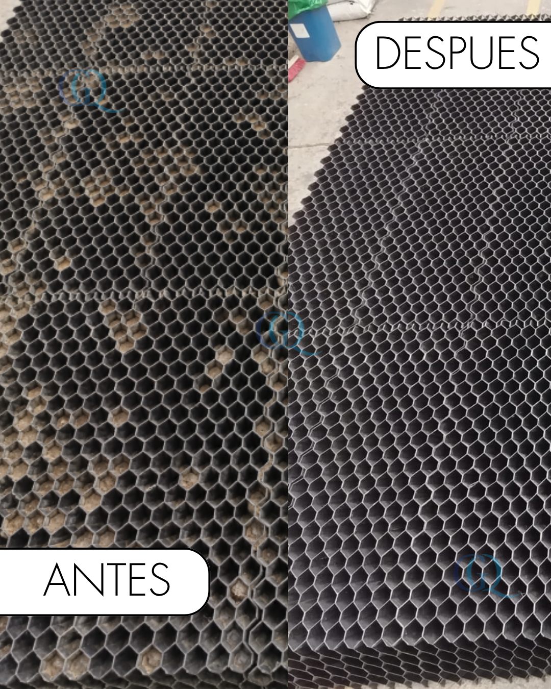Antes y después en Bogotá: módulos con los canales tapados de lodo y módulos nuevos con los canales libres