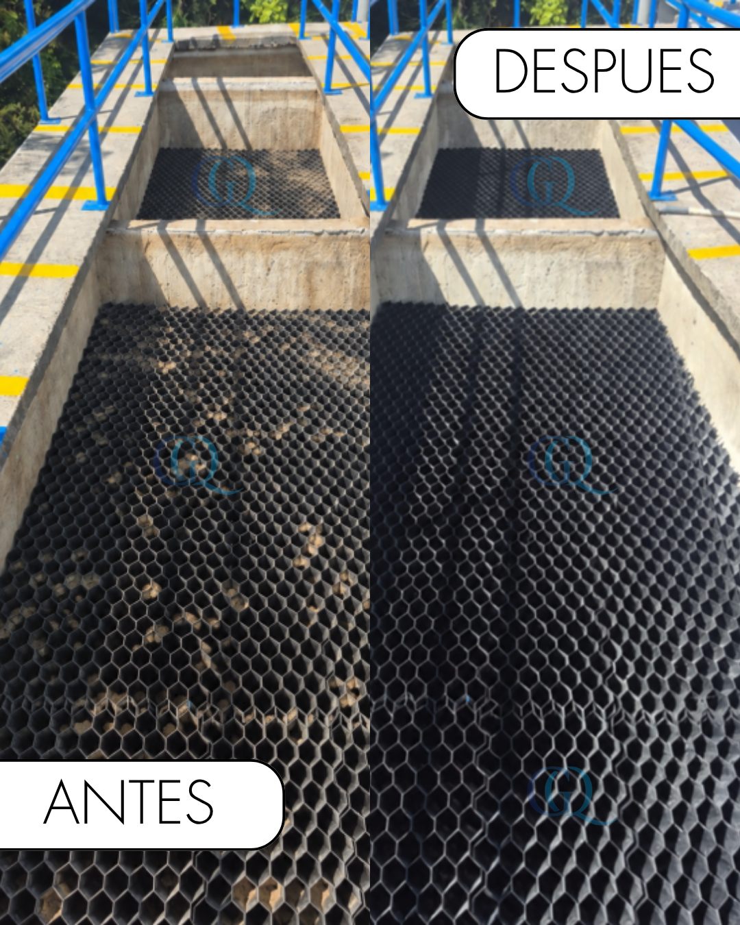 Antes y después en Garagoa: módulos con muchos canales tapados de lodo y los mismos módulos con los canales limpios