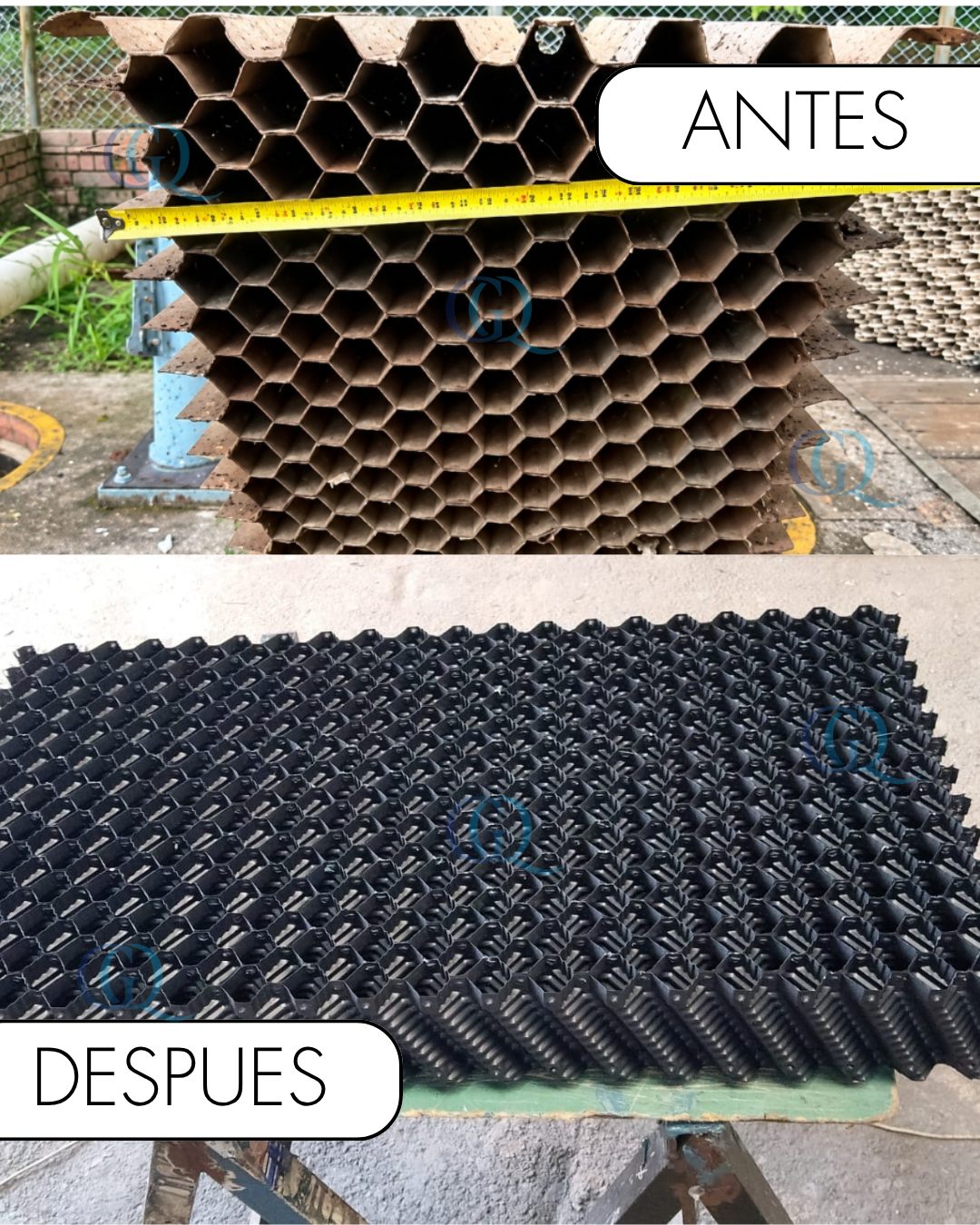 Antes y después en Zipaquirá: módulos viejos de color café, desgastados y con huecos, y módulos nuevos tipo colmena de color negro