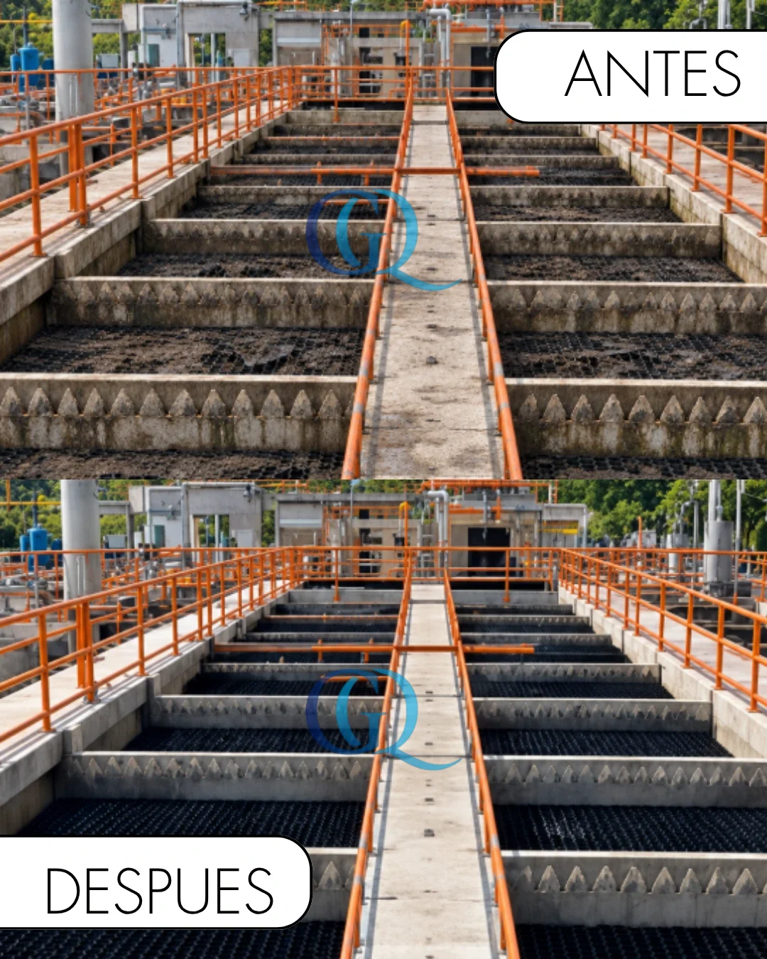 Antes y después en Atlántico: sedimentador con módulos viejos cubiertos de lodo y el mismo sedimentador con módulos nuevos instalados