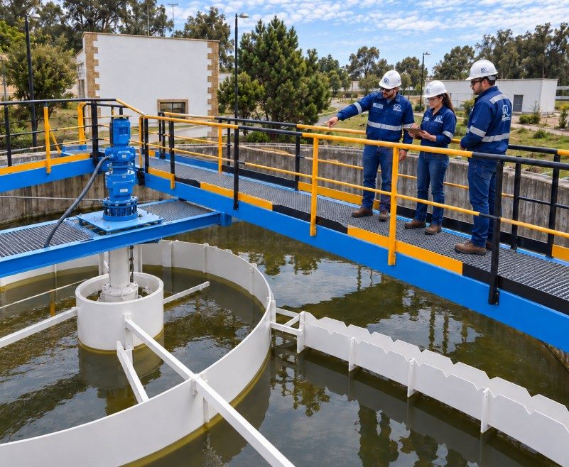 Equipo de Grupo Quimiplantas revisando clarificador circular en planta de tratamiento