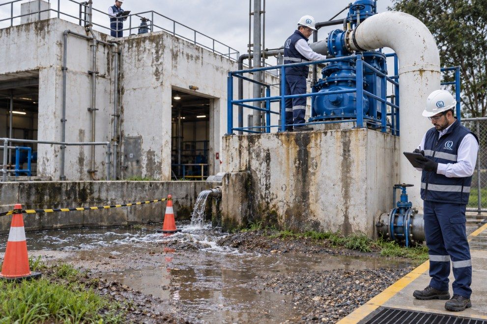 Ingenieros de Grupo Quimiplantas realizando diagnóstico técnico en una PTAR
