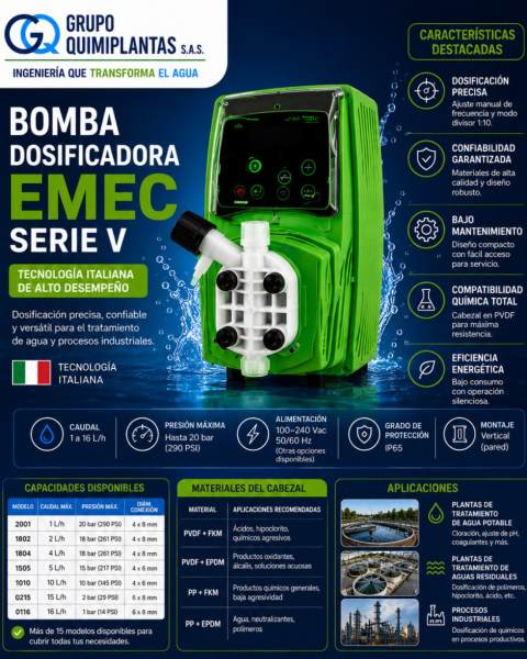 Bomba dosificadora electromagnética EMEC serie V de color verde