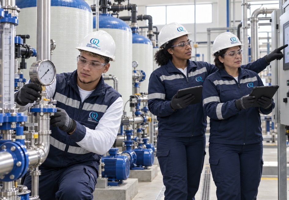 Equipo de Grupo Quimiplantas verificando sistema de dosificación y bombeo