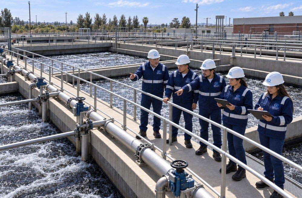Equipo de Grupo Quimiplantas verificando instalación de sistema de aireación en PTAR
