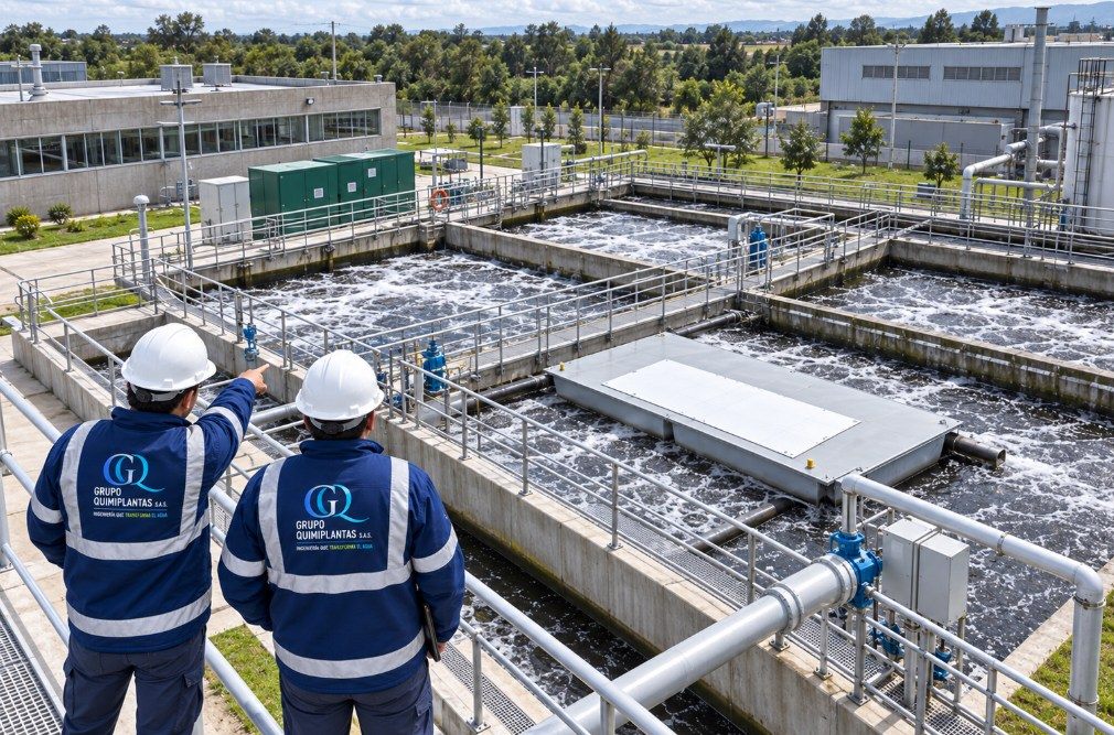 Ingenieros de Grupo Quimiplantas supervisando planta de tratamiento de aguas residuales