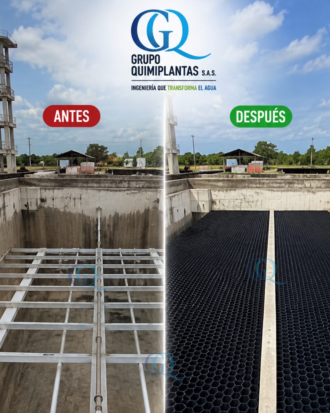 Antes y después en Antioquia: sedimentador con solo la estructura de soporte y el mismo sedimentador con módulos tipo colmena instalados
