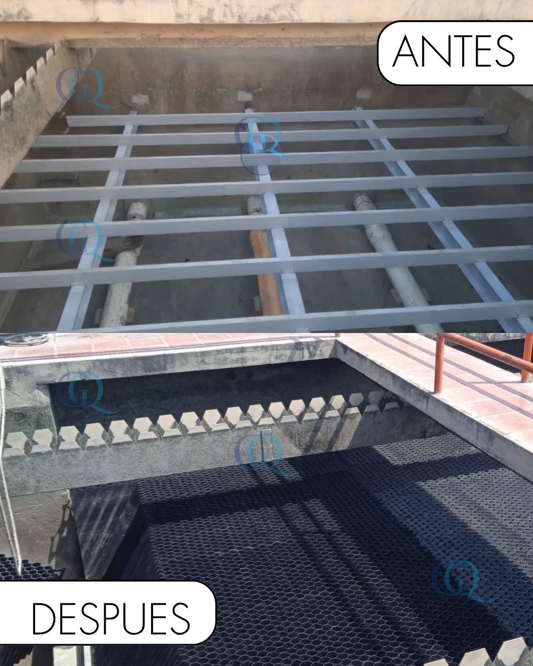 Antes y después en Barranquilla: sedimentador con solo la estructura de soporte y el mismo sedimentador con módulos tipo colmena instalados