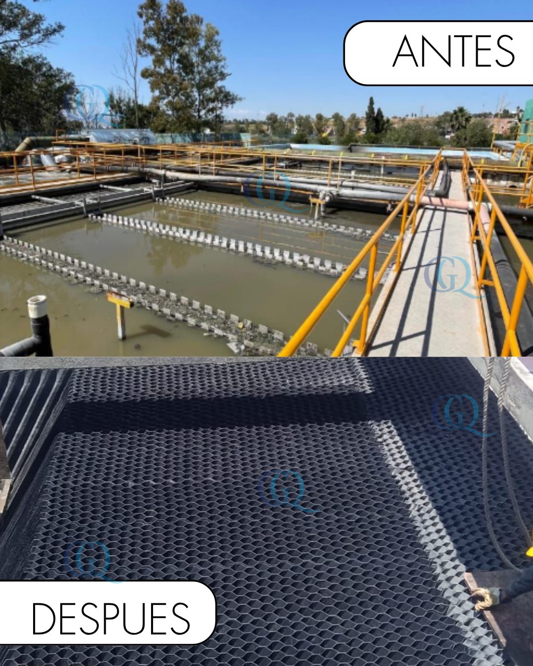 Antes y después en Neiva: sedimentador con agua turbia y el sedimentador con módulos tipo colmena nuevos instalados