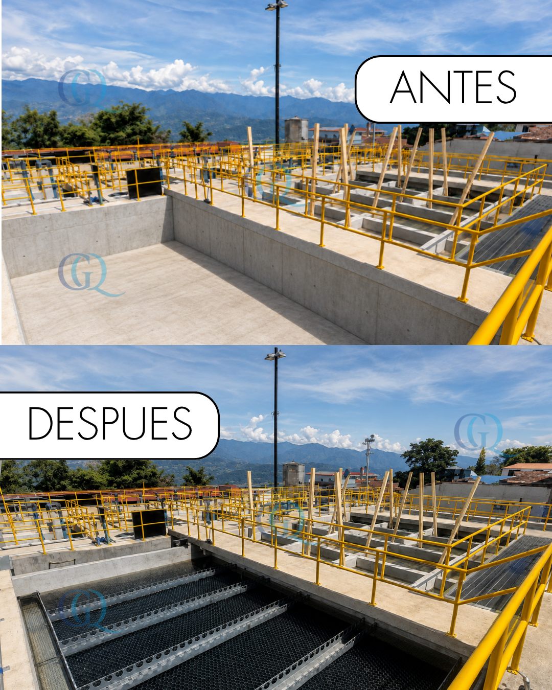Antes y después en Sogamoso: sedimentador vacío y el mismo sedimentador con módulos tipo colmena instalados