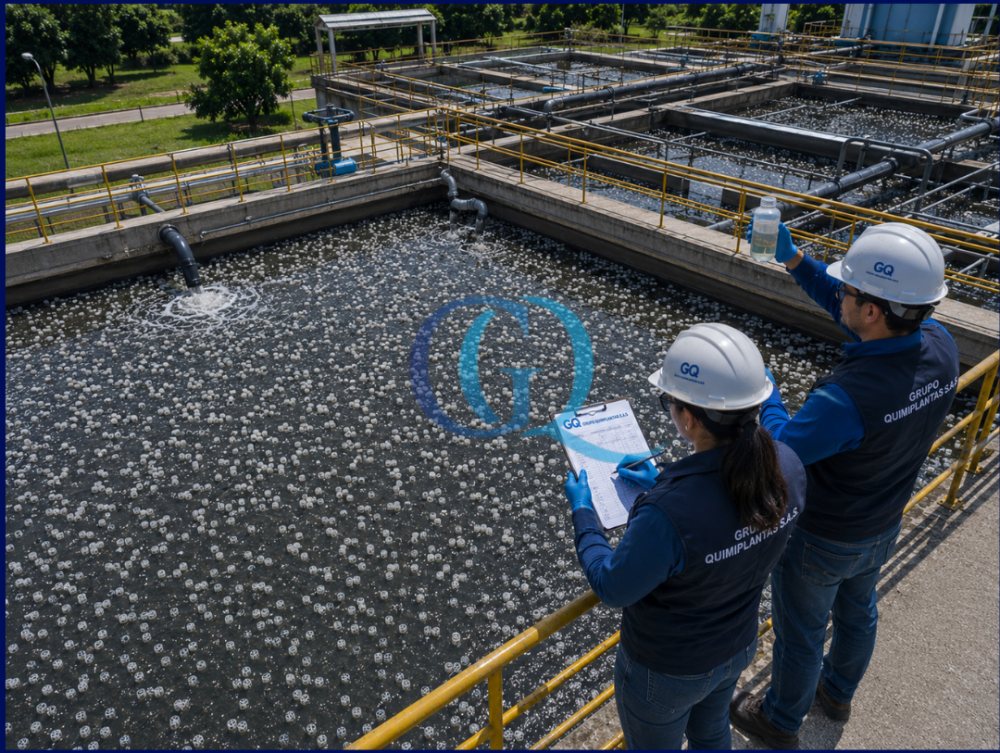 Ingenieros de Grupo Quimiplantas inspeccionando un reactor con medios MBBR