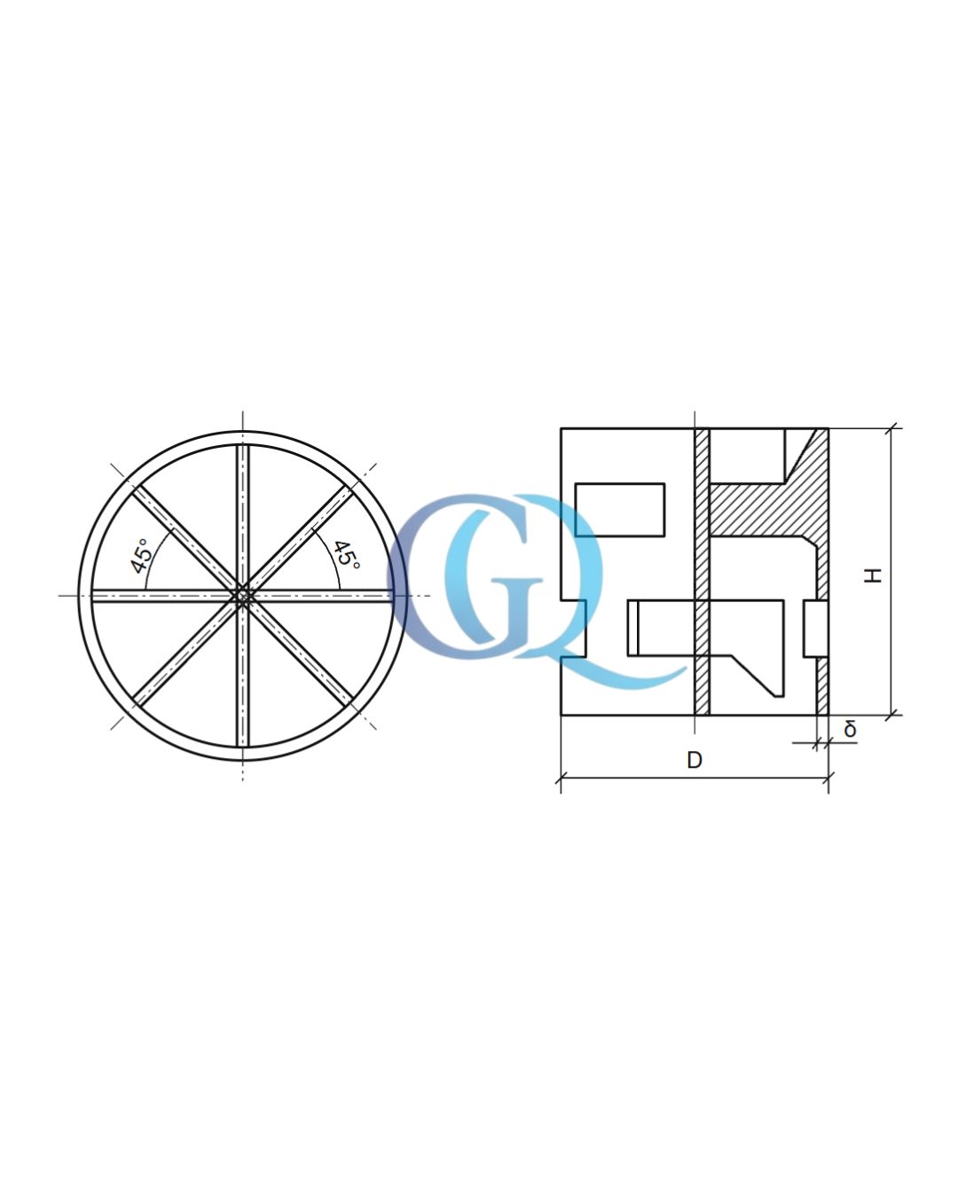 Diagrama técnico de dimensiones de un anillo Pall Ring