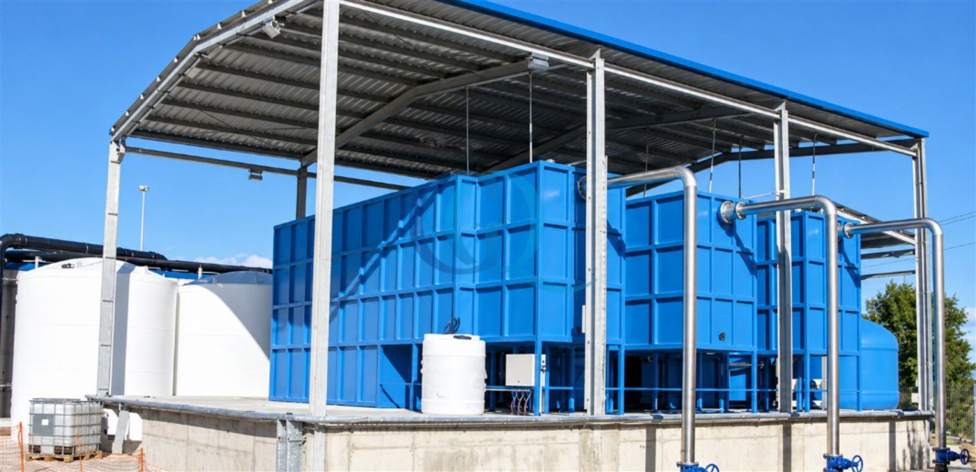 Planta modular de tratamiento de agua con tanques y unidades de proceso interconectadas