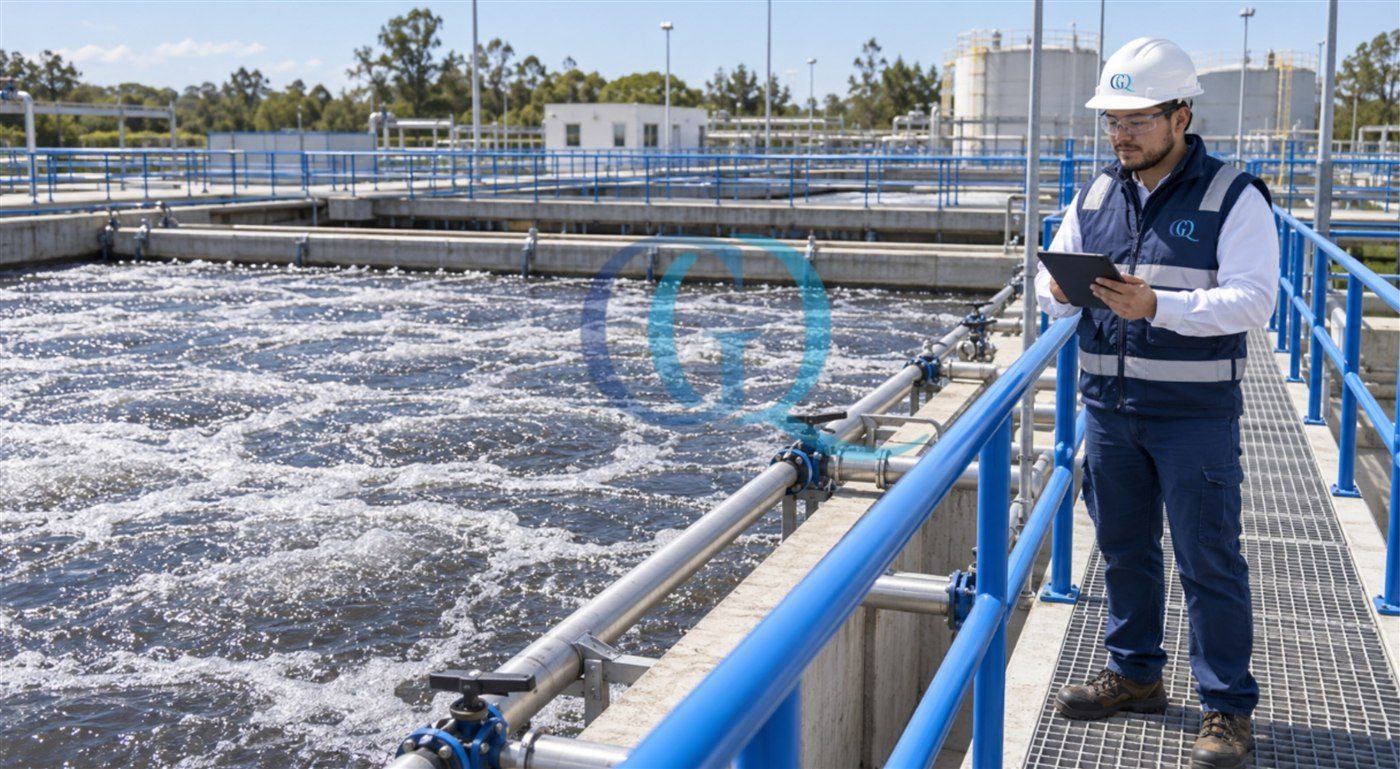 Ingeniero de Grupo Quimiplantas revisando instalación de sistema de aireación en PTAR