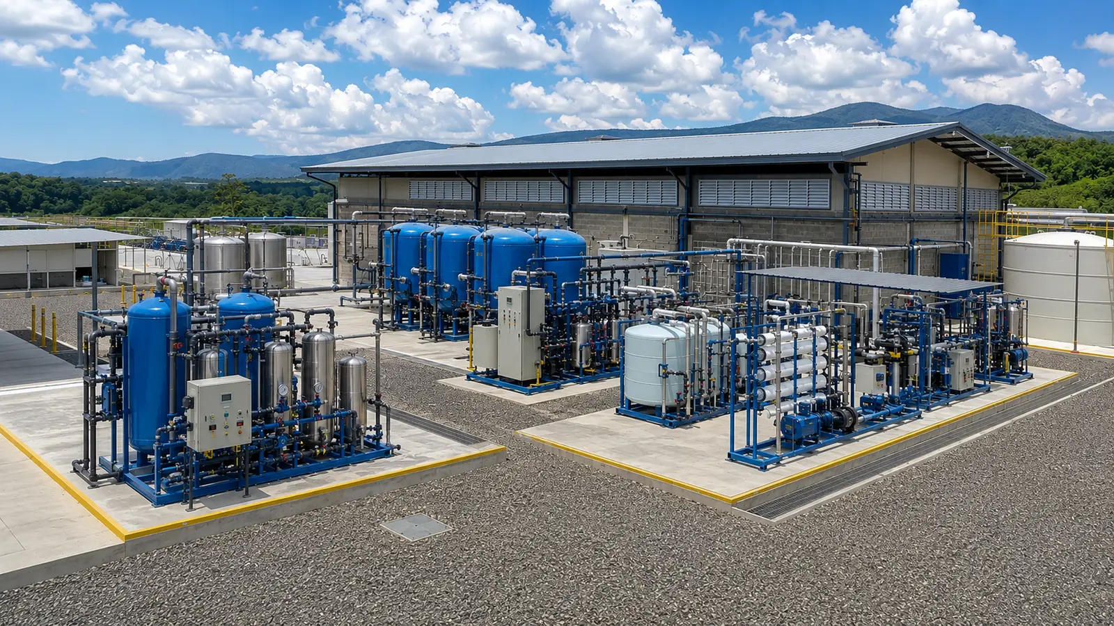 Planta de tratamiento de agua industrial PTAI con filtros, membranas, bombas y dosificación