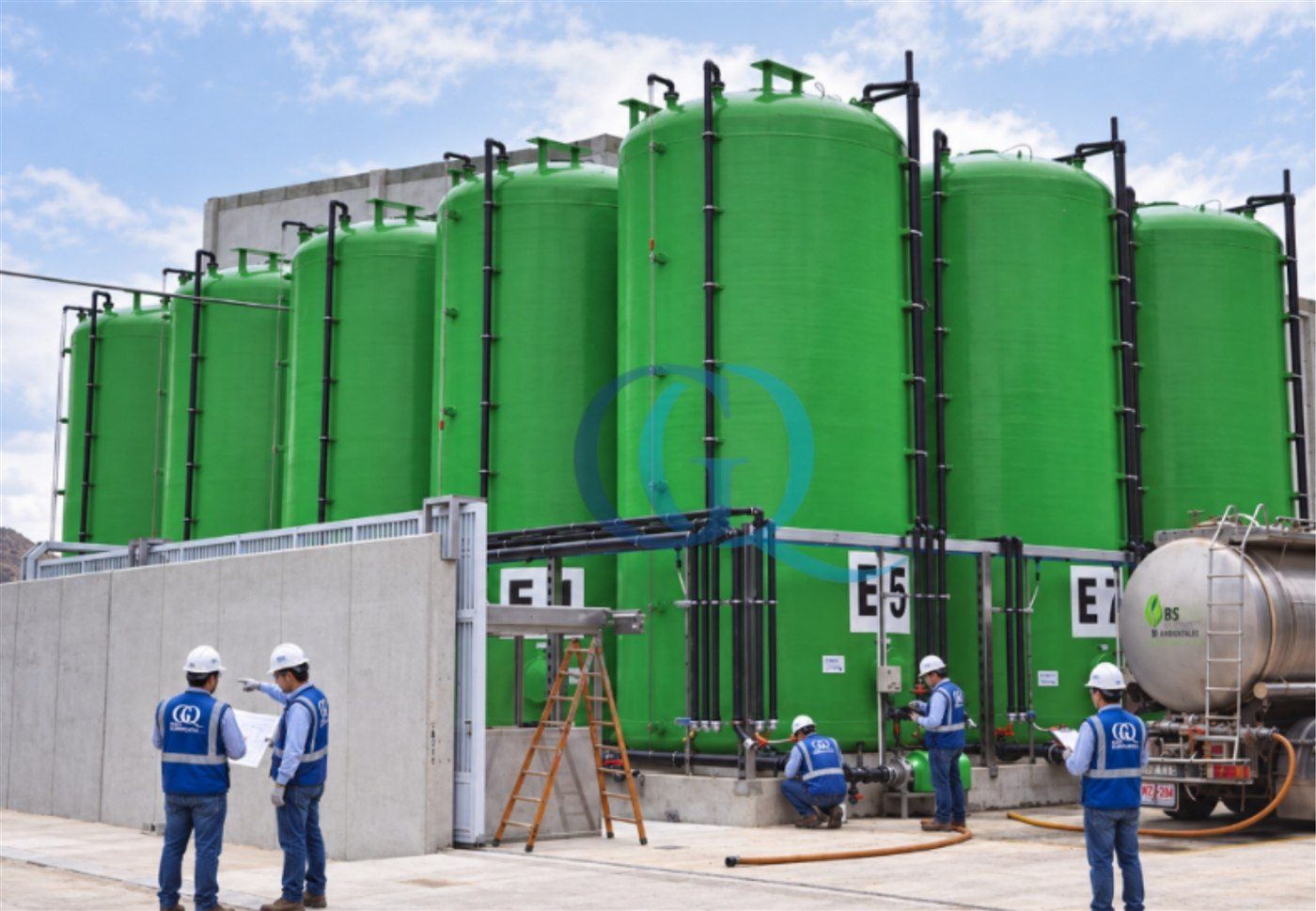 Tanques verticales industriales con equipo técnico de Grupo Quimiplantas en sitio