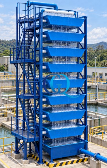 Torre de aireación de bandejas en operación, con el agua cayendo de bandeja en bandeja