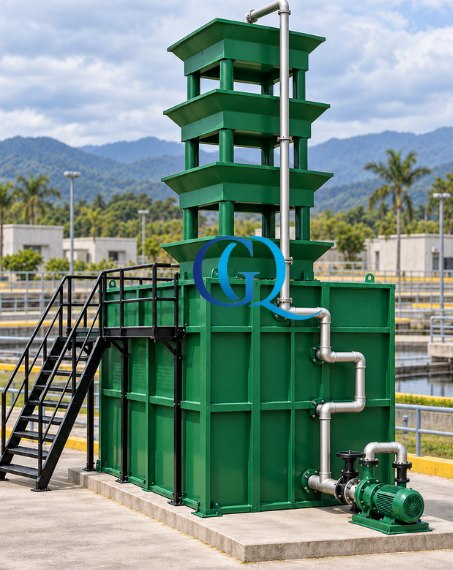 Torre de aireación de bandejas en color verde con tanque, bomba y escalera en una planta de tratamiento
